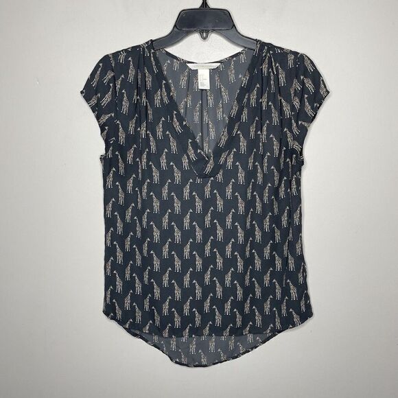 H&M Top Womens 4 Giraffe Print Cap Sleeve V-Neck Gray Blouse Lightweight - Picture 1 of 6